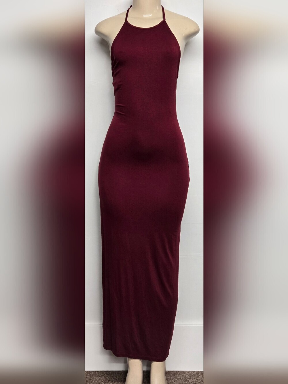 Shein XS Halter Dress Stretch Wine Burgundy Long Length High Vent Slit